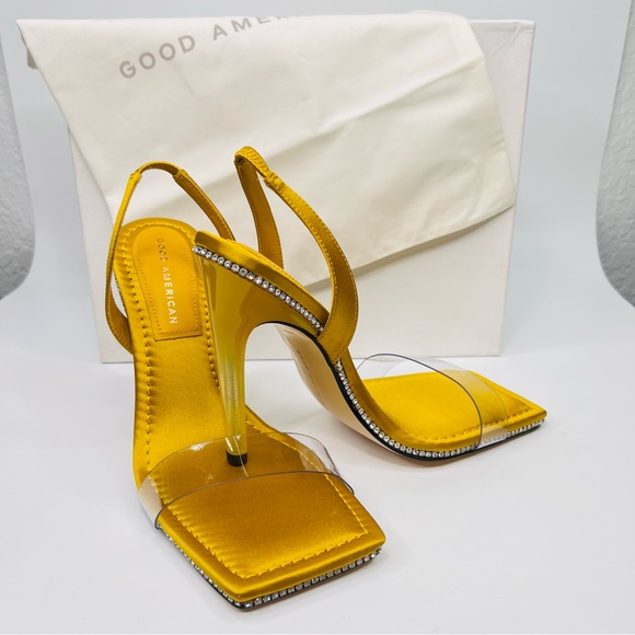 Good American Yellow Satin Lucite Slingback Square Toe Rhinestones Sandals Sz9 - Picture 15 of 16